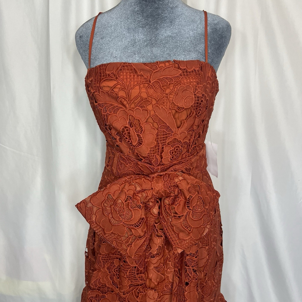 Mestiza New York Vanessa Belted Tiered Guipure Lace Midi Dress Red/Rust 8 Classy - Picture 3 of 16
